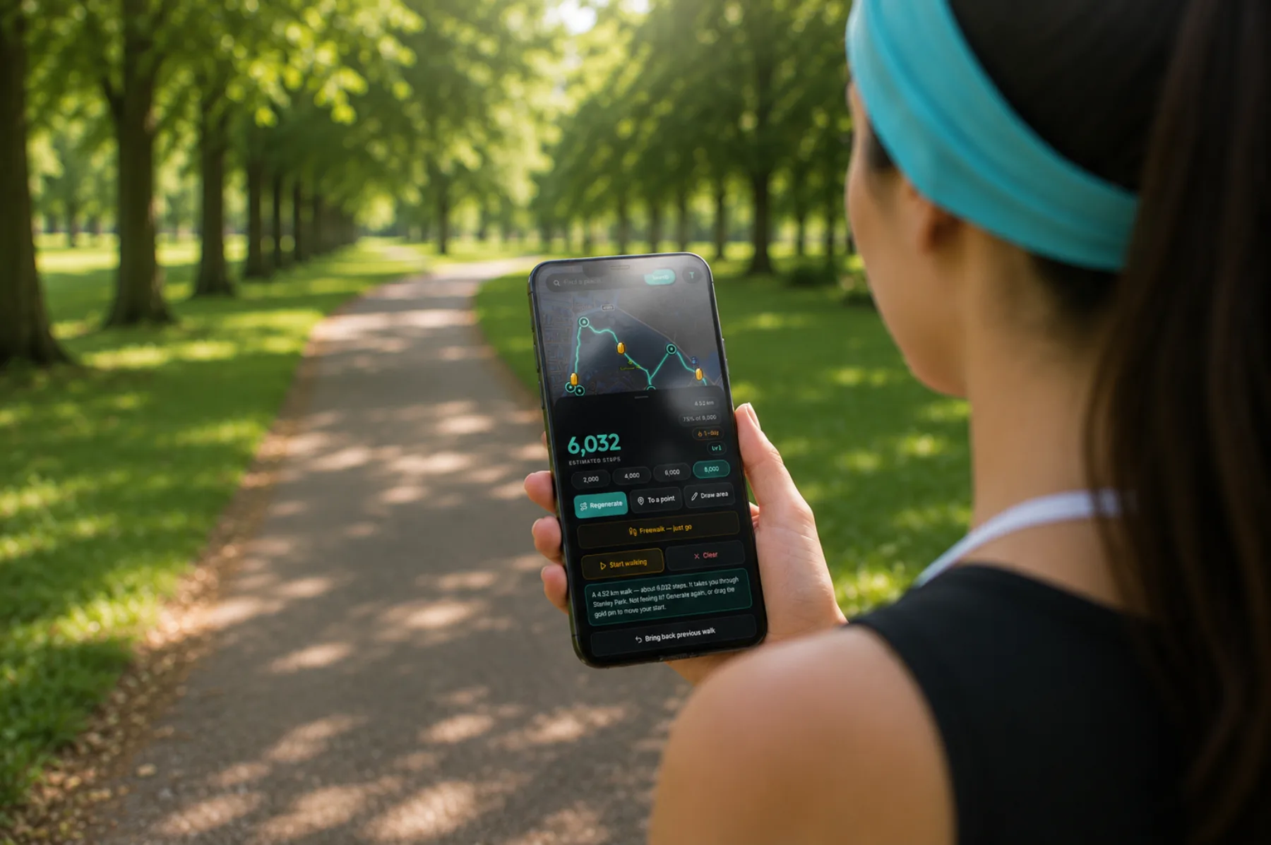 A walker on a tree-lined park path checking a planned FitWalk route