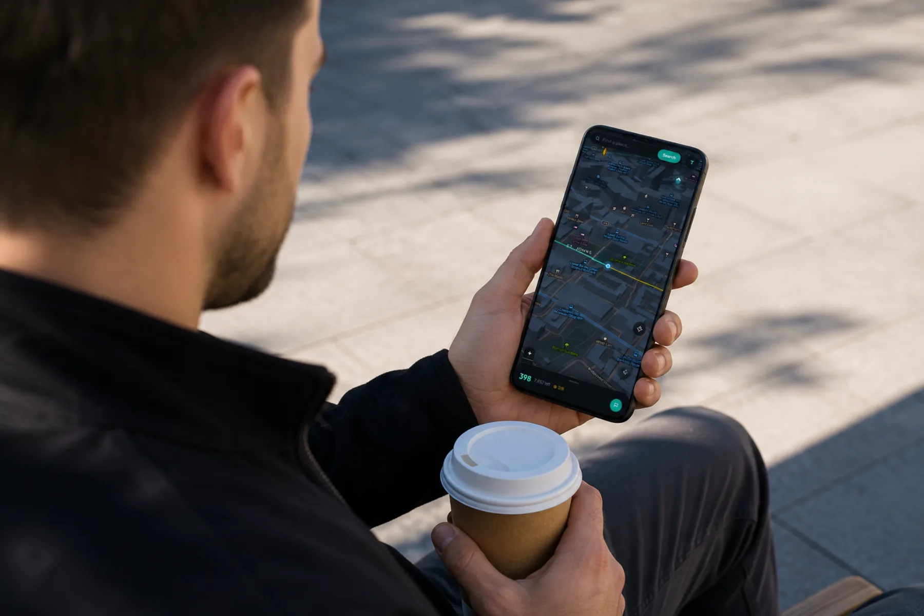 Someone with a takeaway coffee checking their live walking progress on FitWalk in the city
