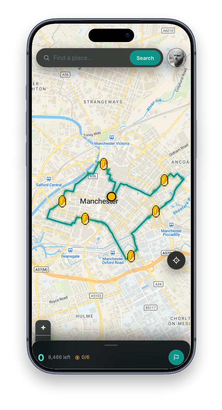 Live walking view with the full route drawn and coins to collect along the way